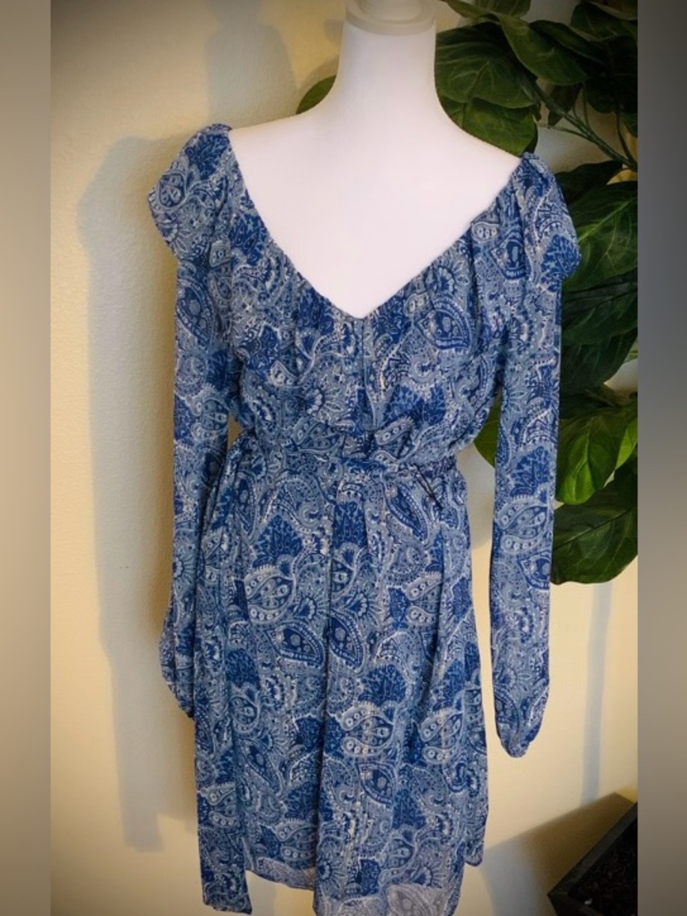 Michael Kors Blue Paisley Mini Dress with Ruffle V-Neck